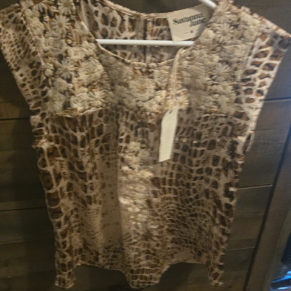Savanna Jane Tan and Brown Patterned Blouse